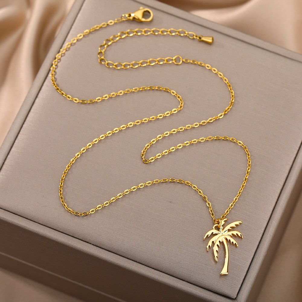 Coconut Tree Pendant Necklace For Women Stainless Steel Gold  Color Plant Necklaces 2023 Trend Couple Jewelry collares