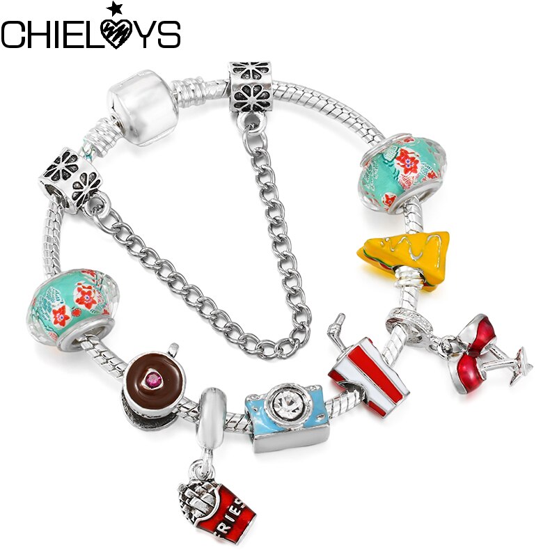 Coffee Sandwich Beads Fries Camera Pendant Charm Bracelet For Women And Snake Chain Brand Bracelet Party Jewelry