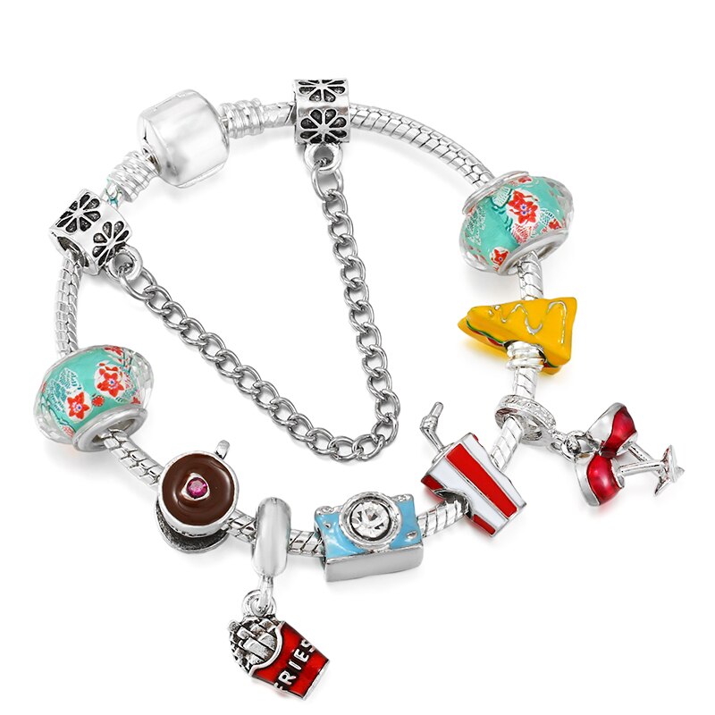 Coffee Sandwich Beads Fries Camera Pendant Charm Bracelet For Women And Snake Chain Brand Bracelet Party Jewelry