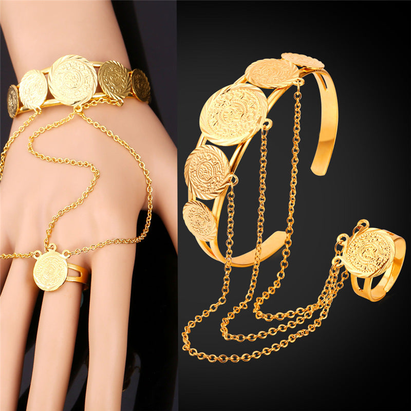 Coin Hand Chain Ring Bracelet Set For Men/Women Muslim Arab Money Sign Bracelet Ring Gold Color Vintage Jewelry Set HR1550