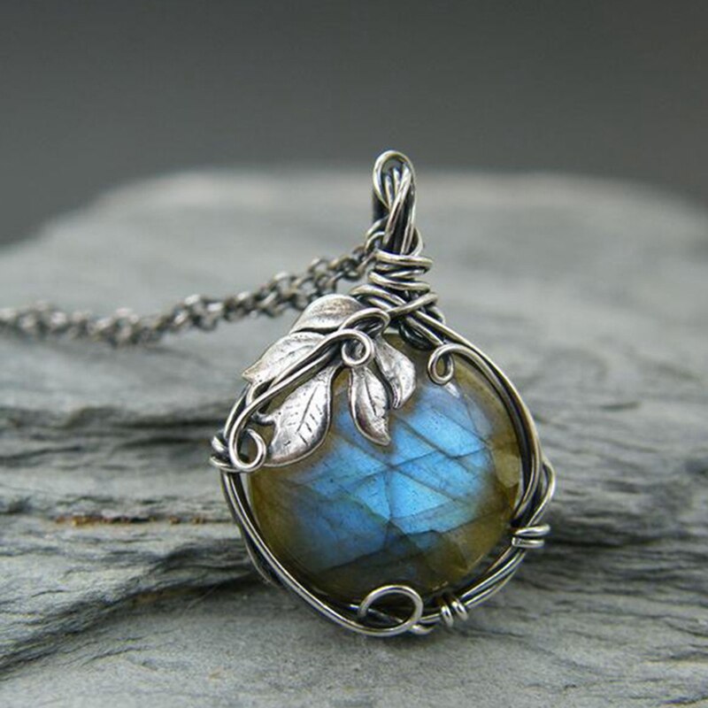Collar botánico con labradorita tallada para mujer, piedra Natural azul, piedra lunar rugosa, joyería