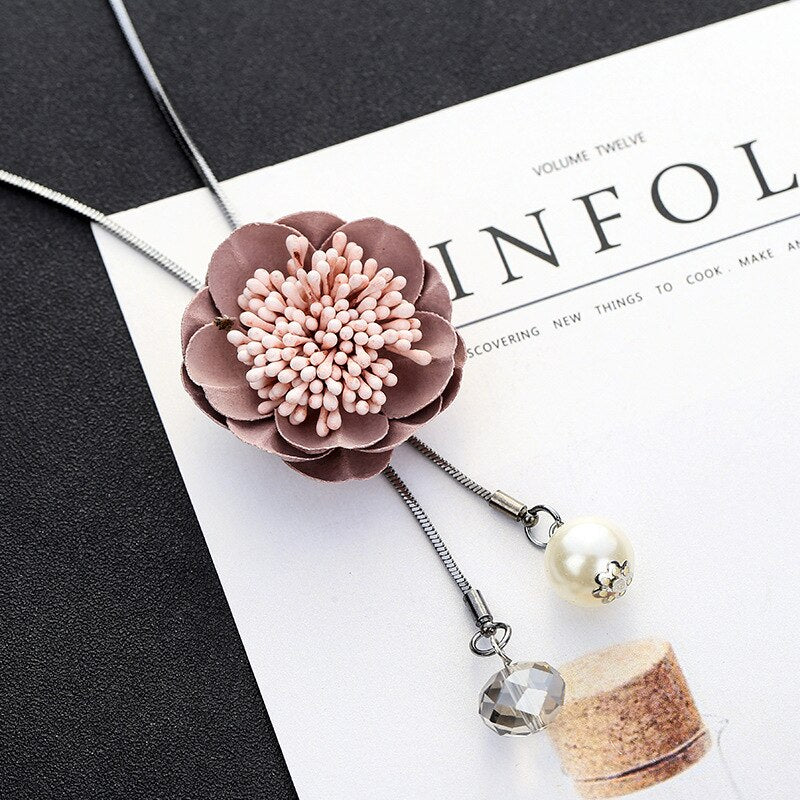 Collar con colgante de flores de estilo coreano para mujer, cadena larga de suéter con accesorios de joyería
