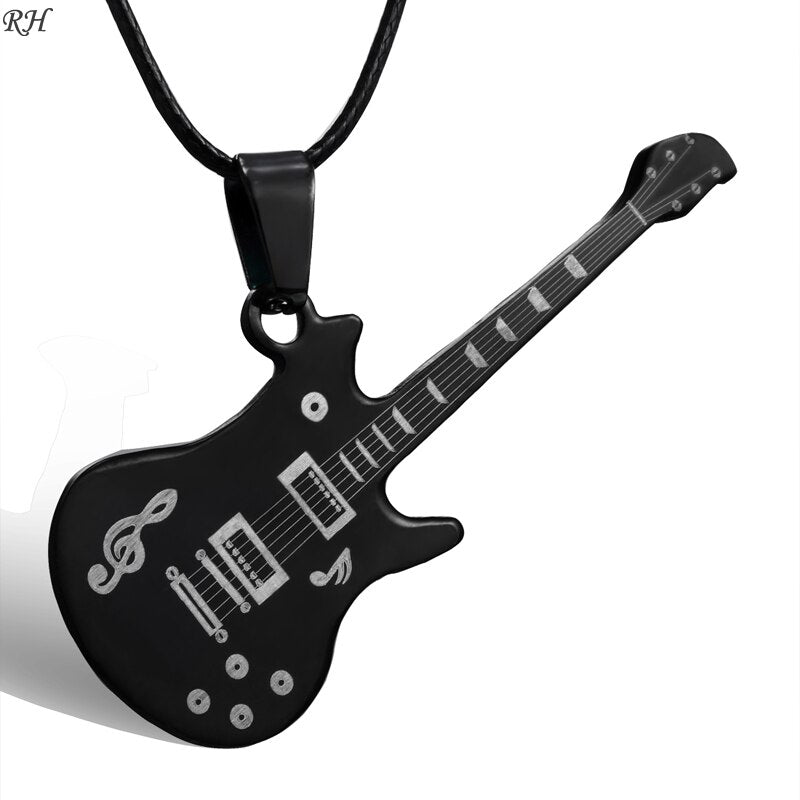 Collar de guitarra de acero inoxidable 316L para hombre, cadena de cuero, colgantes