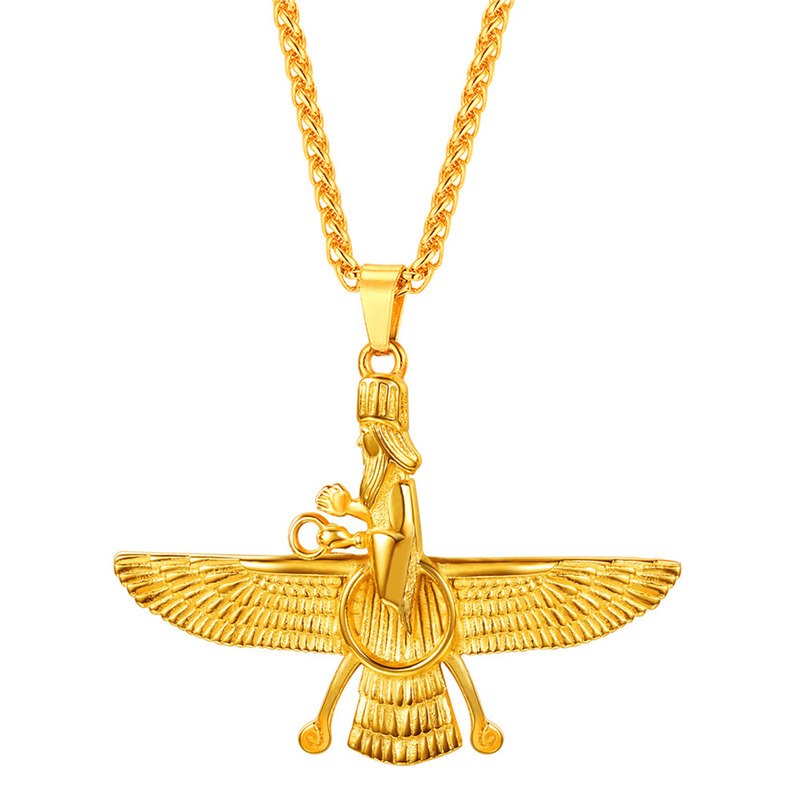 Faravahar Ahura Mazda Pendant Men Iran Jewelry Stainless Steel Zoroastrian Gold/Black Color Iranian Necklace Women P825