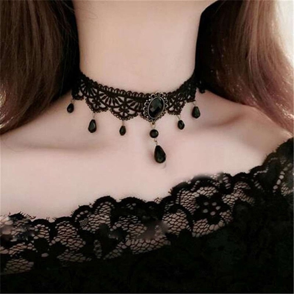 Collares Sexy Gothic Chokers Crystal Black Lace Neck Choker Necklace Vintage Victorian Women Chocker Halloween Steampunk Jewelry