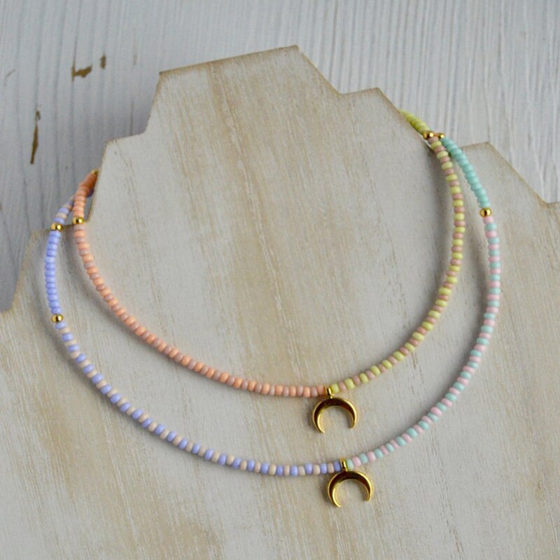 Color Bead Mix And Match Ethnic Style Golden Moon Pendant Chain Necklace Elegant Temperament Lady Exquisite Gift 2021
