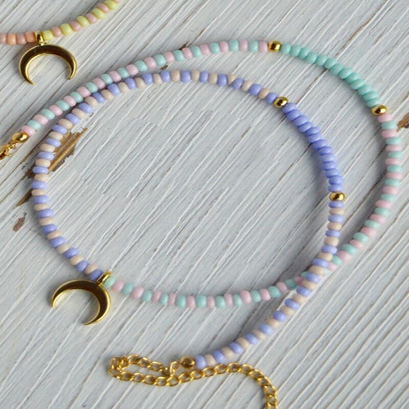 Color Bead Mix And Match Ethnic Style Golden Moon Pendant Chain Necklace Elegant Temperament Lady Exquisite Gift 2021