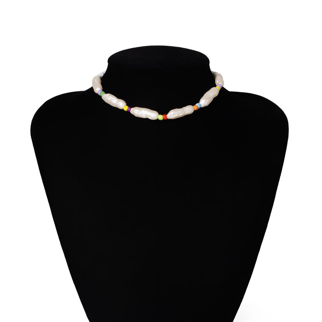 Color Contrast Beige Bead Creative Necklace, Personality, Special-shaped Temperament, Geometric Pearl Necklace