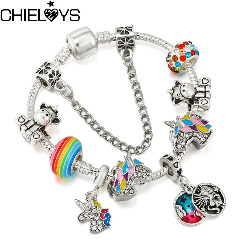 Color Crystal Unicorn Beads Pendant Charm Bracelet For Women And Snake Chain Brand Bracelet Party Jewelry