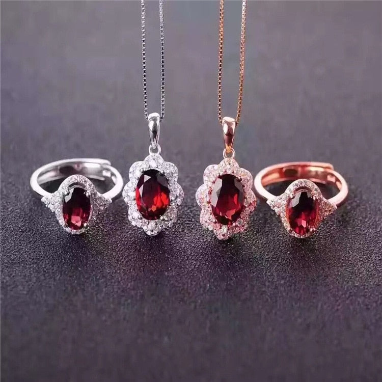 Color jewelry Garnet Ring Necklace Pendant Set NATURAL GEMSTONE 925 silver inlay