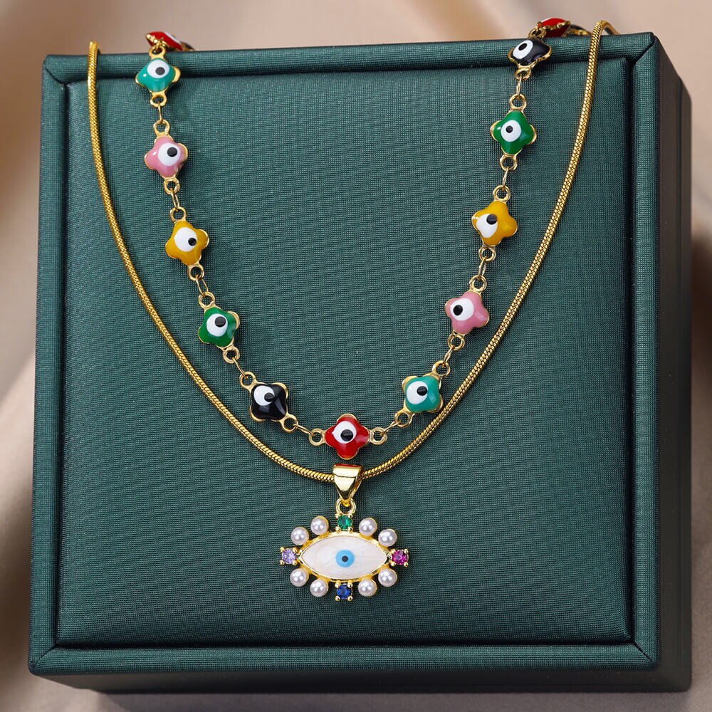 Colored Zircon Evil Eye Pendant Necklace for Women Multilayer Stainless Steel Necklaces Vintage Boho Aesthetic Jewelry collares