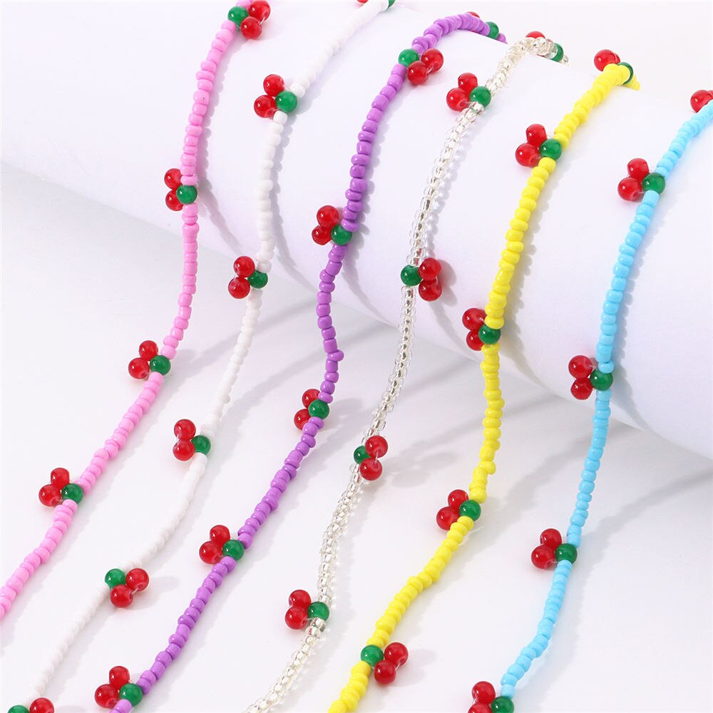 Colorful Beads Cute Cherry Choker Necklaces For Women Girls Korean Fruit Rainbow Beaded Necklace 2021 Trend Jewelry Gift