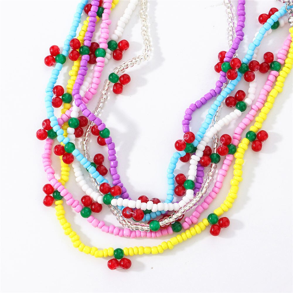 Colorful Beads Cute Cherry Choker Necklaces For Women Girls Korean Fruit Rainbow Beaded Necklace 2021 Trend Jewelry Gift