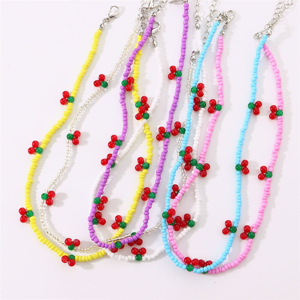 Colorful Beads Cute Cherry Choker Necklaces For Women Girls Korean Fruit Rainbow Beaded Necklace 2021 Trend Jewelry Gift