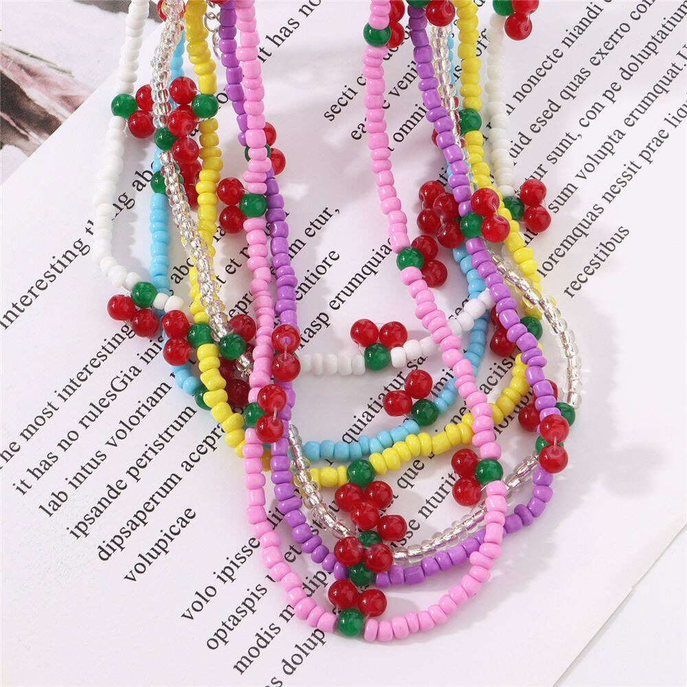 Colorful Beads Cute Cherry Choker Necklaces For Women Girls Korean Fruit Rainbow Beaded Necklace 2021 Trend Jewelry Gift