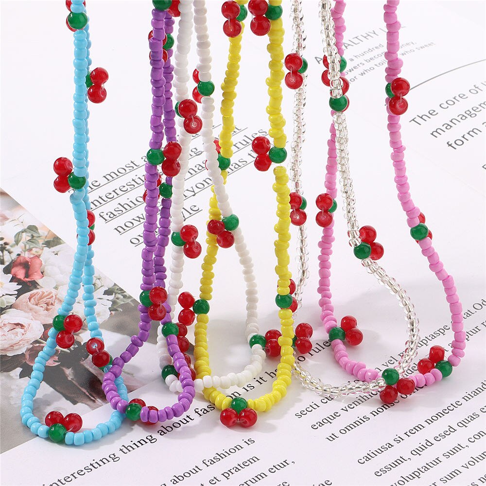 Colorful Beads Cute Cherry Choker Necklaces For Women Girls Korean Fruit Rainbow Beaded Necklace 2021 Trend Jewelry Gift