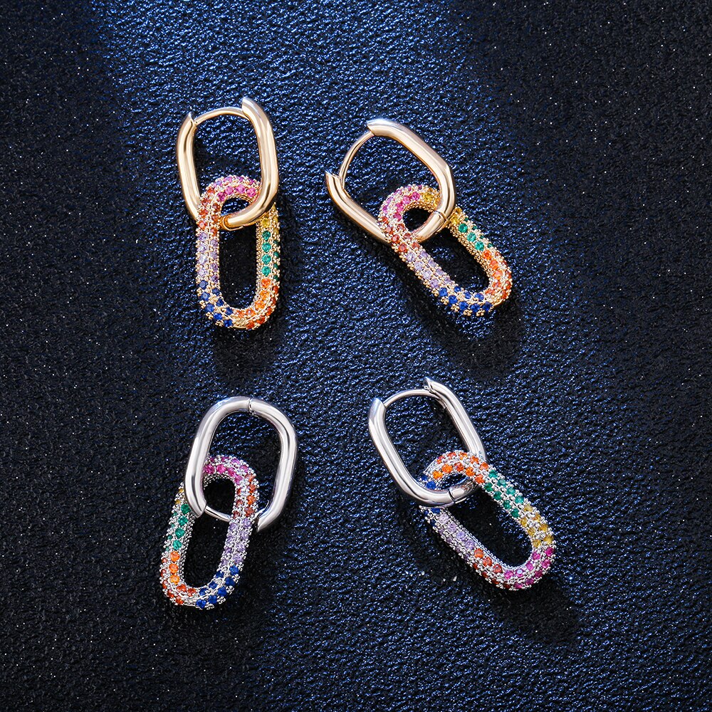 Colorful CZ Crystal Pendant Hoop Earrings Trendy Exquisite Gold Silvery Geometric Oval Copper Earrings for Woman Gifts 2022 New