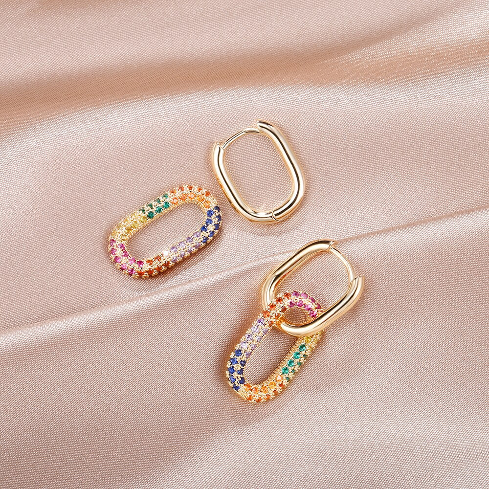 Colorful CZ Crystal Pendant Hoop Earrings Trendy Exquisite Gold Silvery Geometric Oval Copper Earrings for Woman Gifts 2022 New