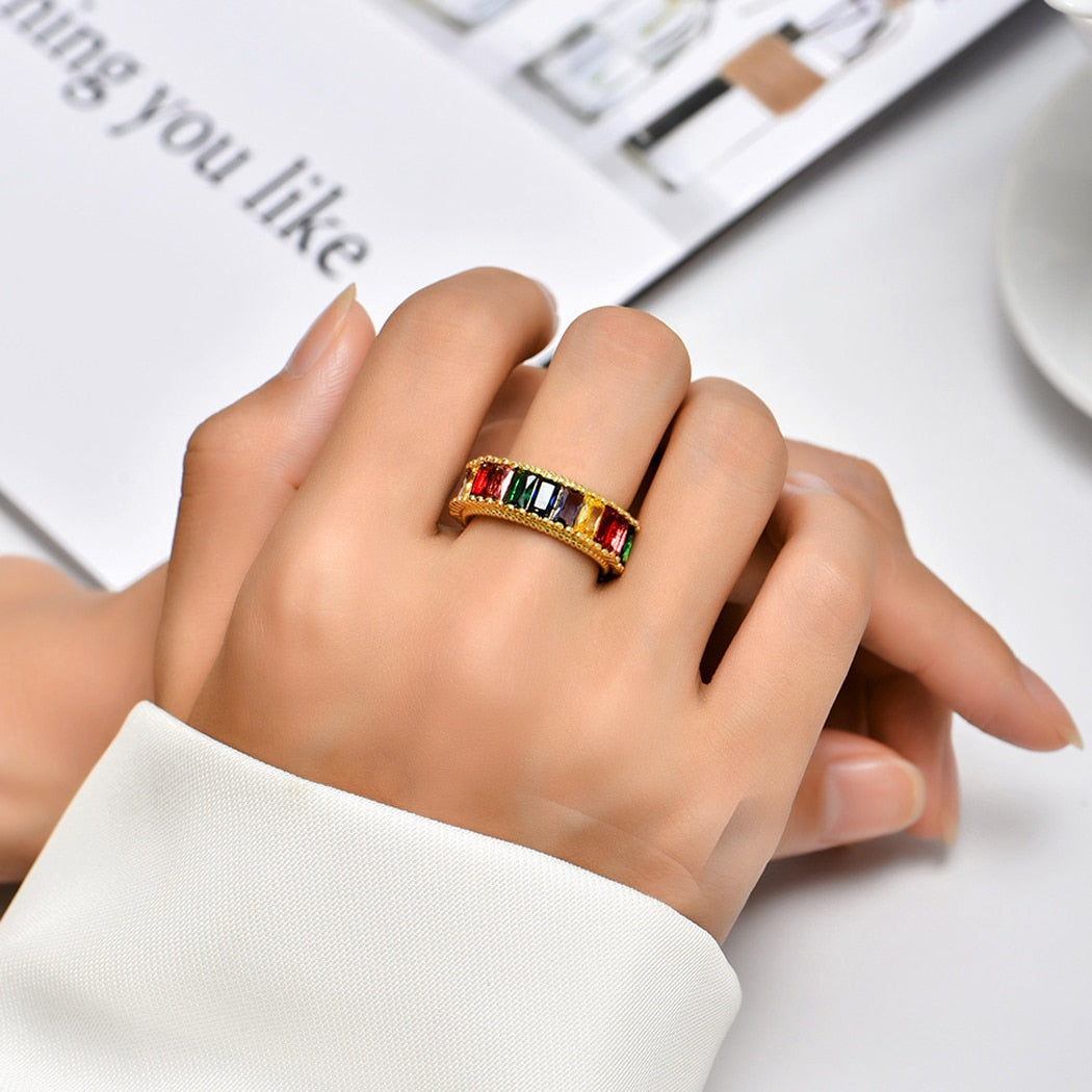 Colorful CZ Ring for Women Female Thin Skinny Wedding Birthstone Rainbow Color Simple Open Adjustable Finger Rings Jewelry Gift