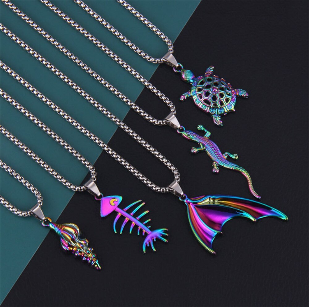 Colorful Cool Turtle Shark Lizard Conch Necklace Rainbow Ocean Couple Pendant Necklace Colares Бесплатная  Collares Para Hombre