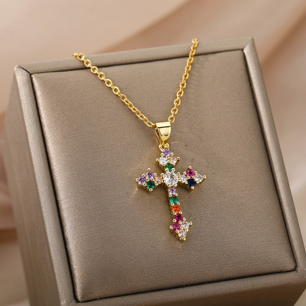Colorful Cross Zircon Necklace For Women Stainless Steel Gold Moon Crystal Cross Pendant Necklaces Gothic VIntage Boho Jewerly