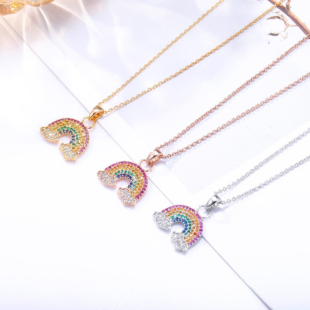 Colorful Cubic Zirconia Rainbow Pendant Necklace For Women Gold Small Sunshine Rainbow Choker Necklace Jewelry Gifts 2021 Trend