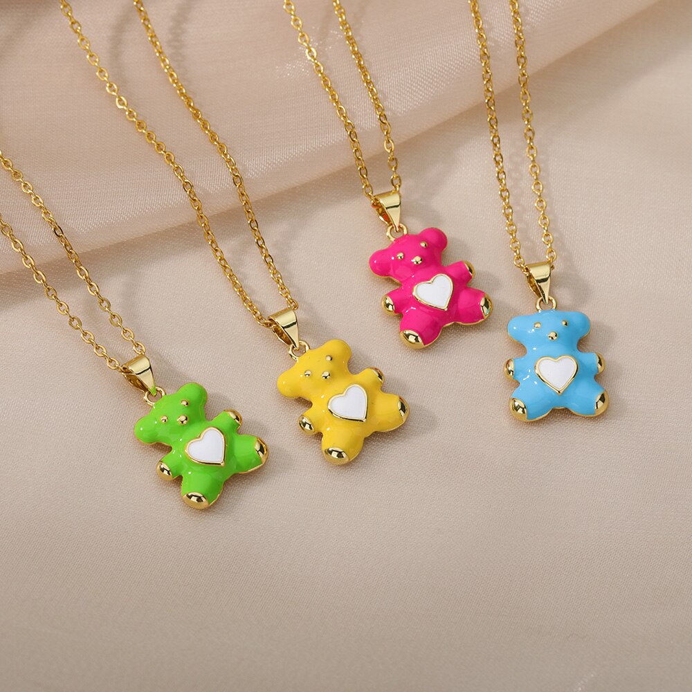 Colorful Cute Bear Necklace For Women Vintage Stainless Steel Boho Cartoon Bears Pendant Necklaces Aesthetic Jewelry collares