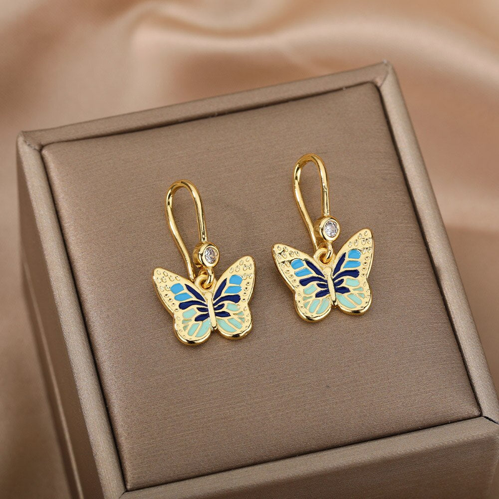 Colorful Enamel Butterfly Drop Earrings For Women Stainless Steel Couple Earrings 2023 Trend Aesthetic Jewelry Christmas Gift