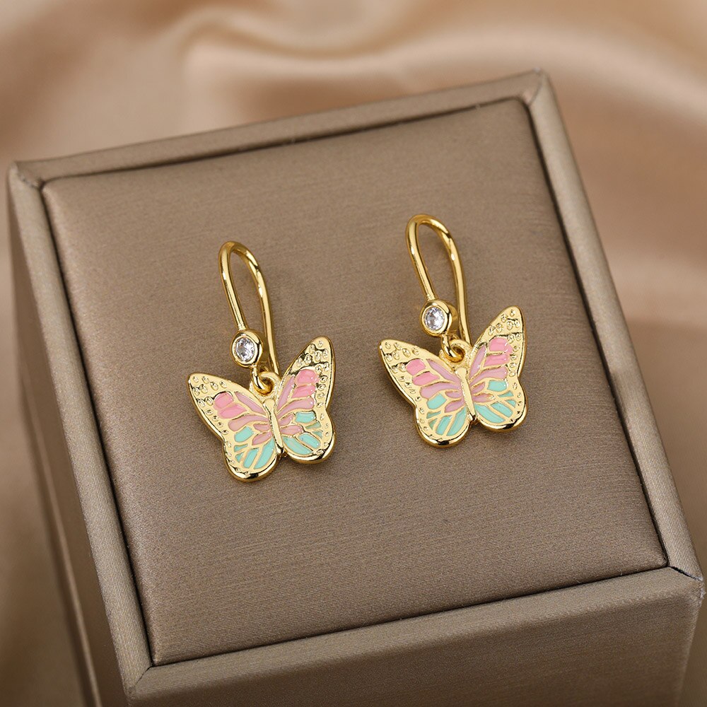 Colorful Enamel Butterfly Drop Earrings For Women Stainless Steel Couple Earrings 2023 Trend Aesthetic Jewelry Christmas Gift