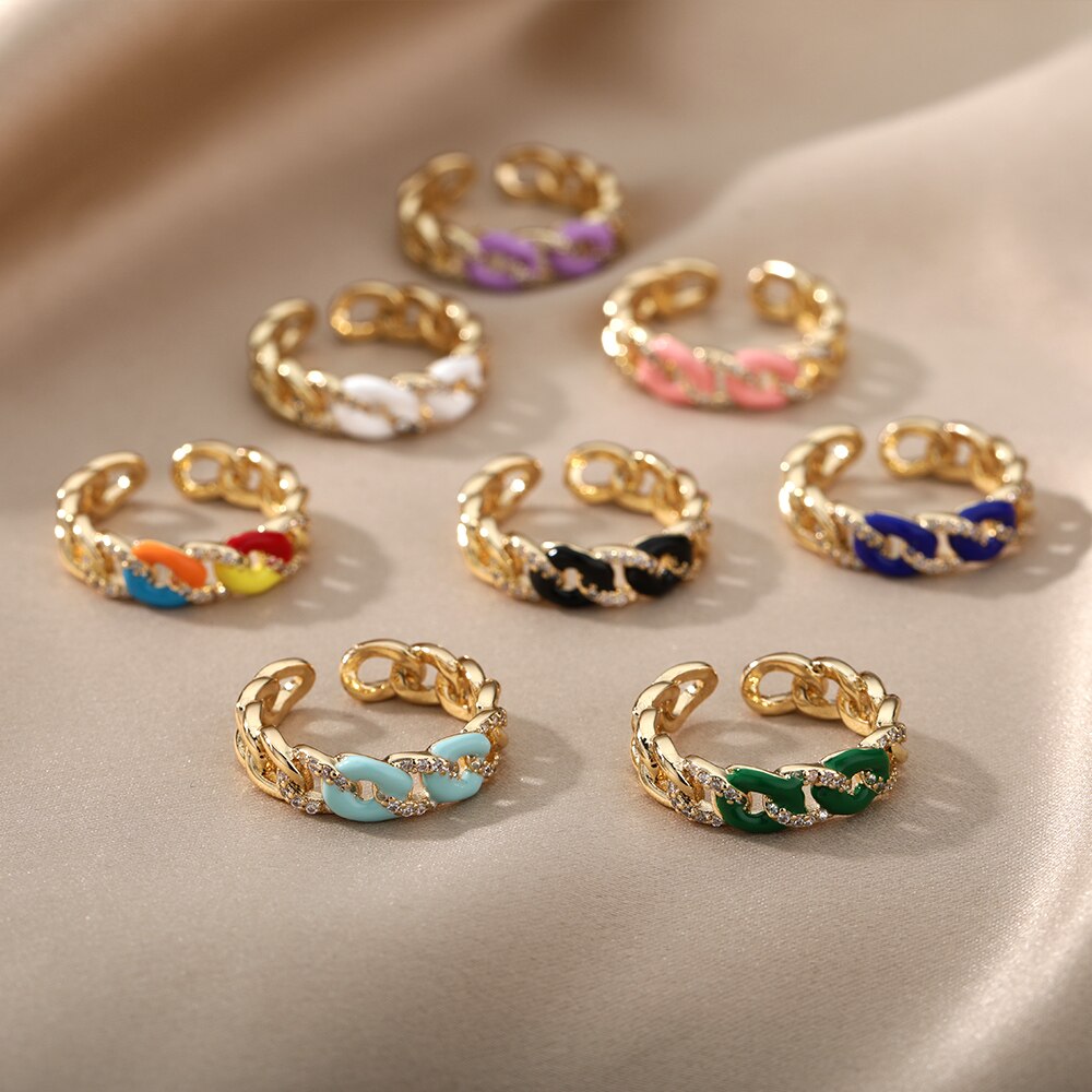 Colorful Enamel Chain Rings for Women Men Stainless Steel Open Adjustable Finger Ring Gothic Boho Man Jewelry anillos mujer