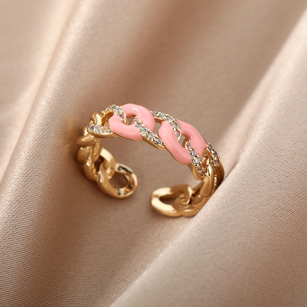Colorful Enamel Chain Rings for Women Men Stainless Steel Open Adjustable Finger Ring Gothic Boho Man Jewelry anillos mujer
