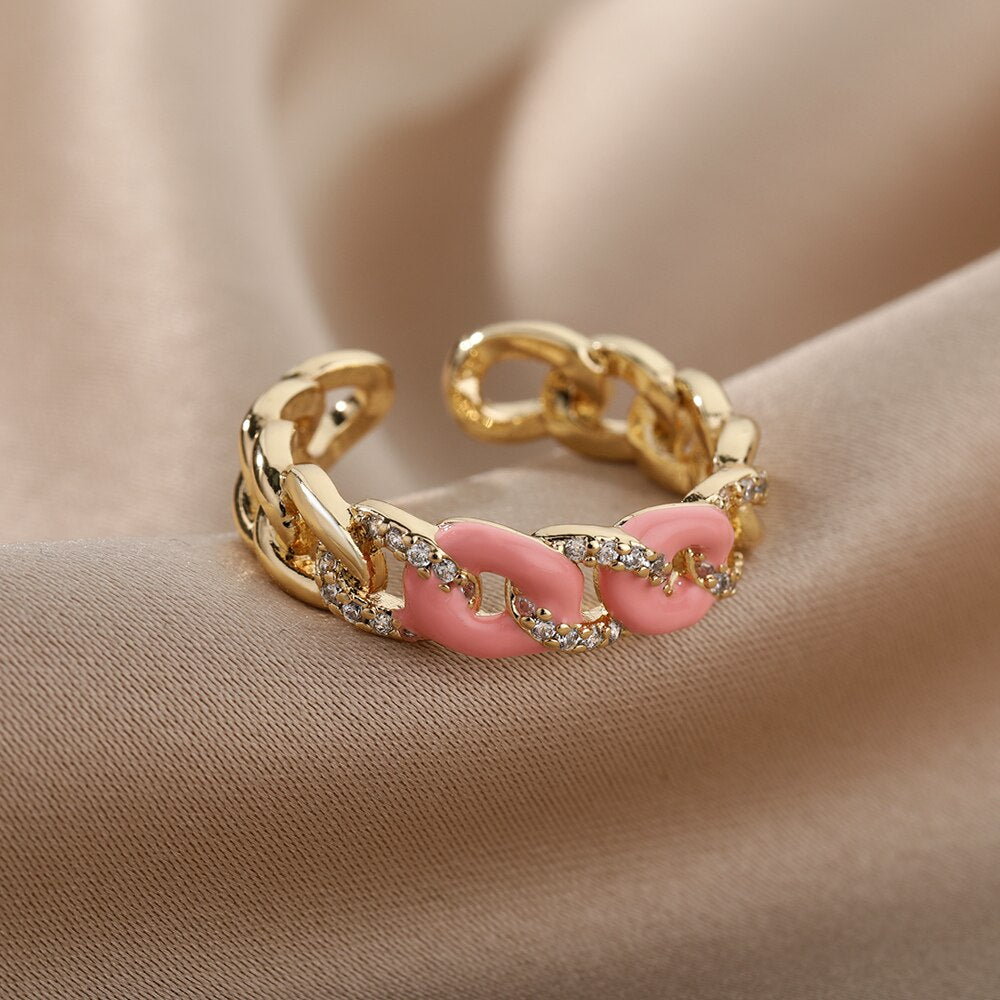 Colorful Enamel Chain Rings for Women Men Stainless Steel Open Adjustable Finger Ring Gothic Boho Man Jewelry anillos mujer