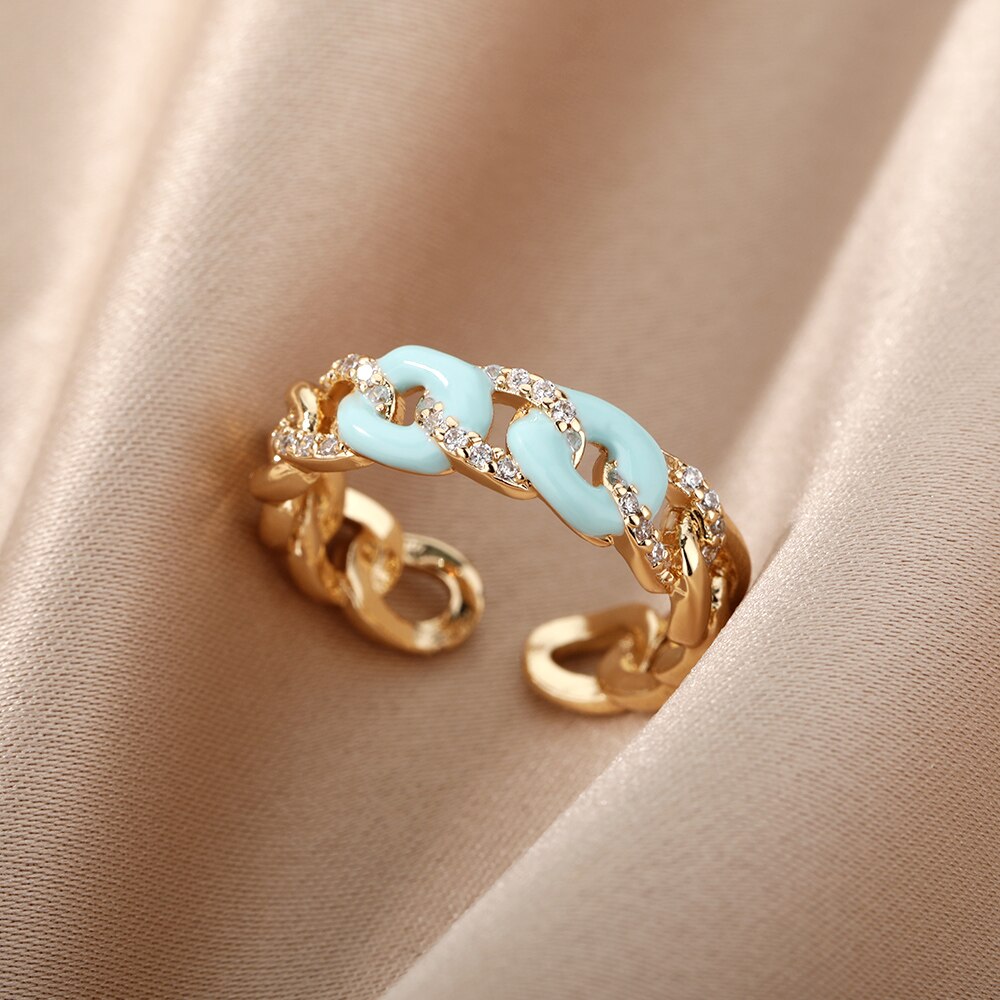 Colorful Enamel Chain Rings for Women Men Stainless Steel Open Adjustable Finger Ring Gothic Boho Man Jewelry anillos mujer