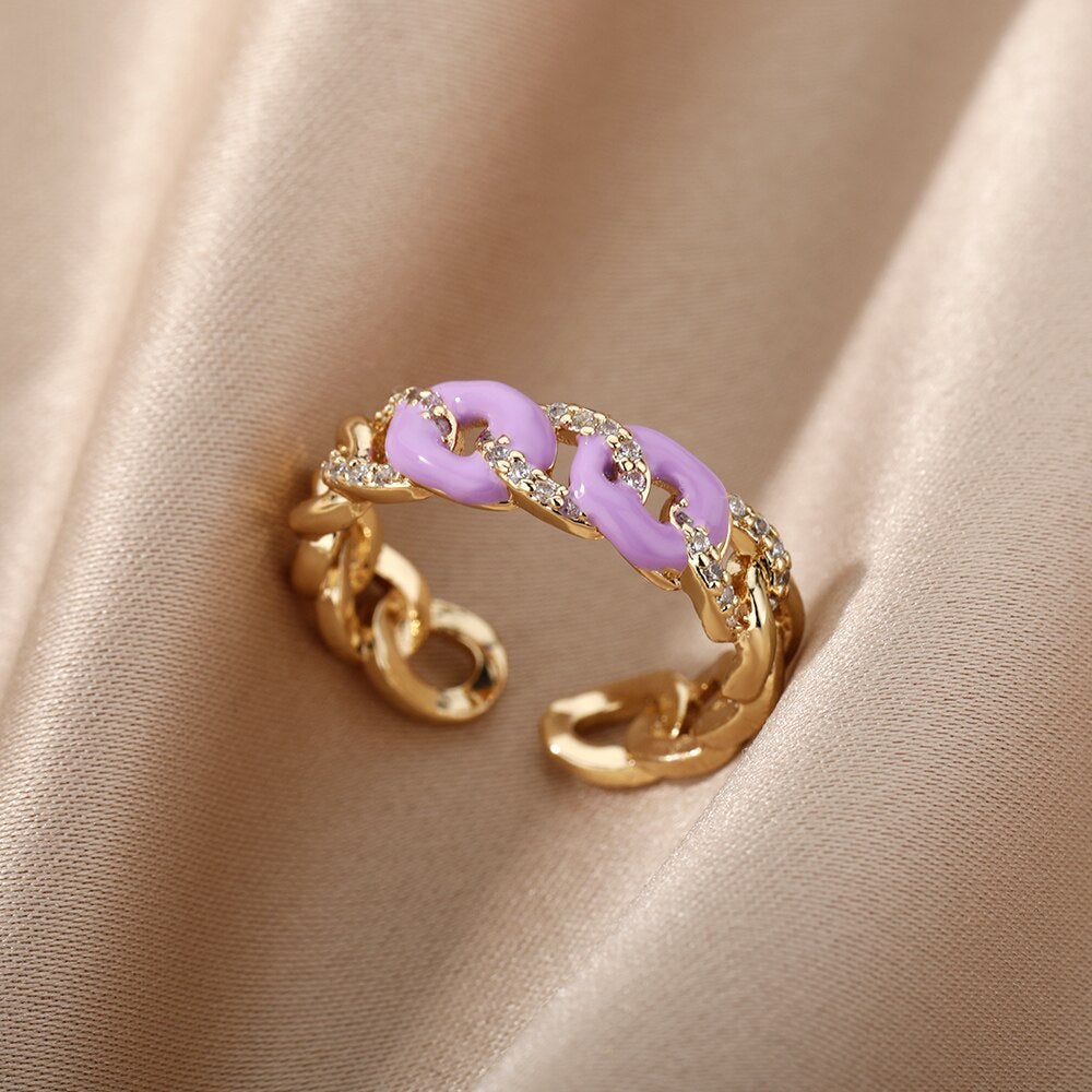 Colorful Enamel Chain Rings for Women Men Stainless Steel Open Adjustable Finger Ring Gothic Boho Man Jewelry anillos mujer