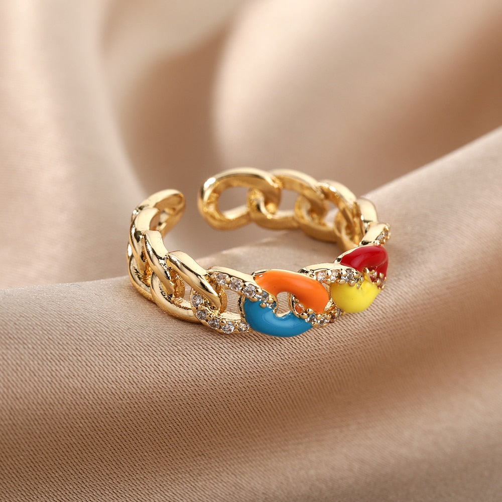 Colorful Enamel Chain Rings for Women Men Stainless Steel Open Adjustable Finger Ring Gothic Boho Man Jewelry anillos mujer