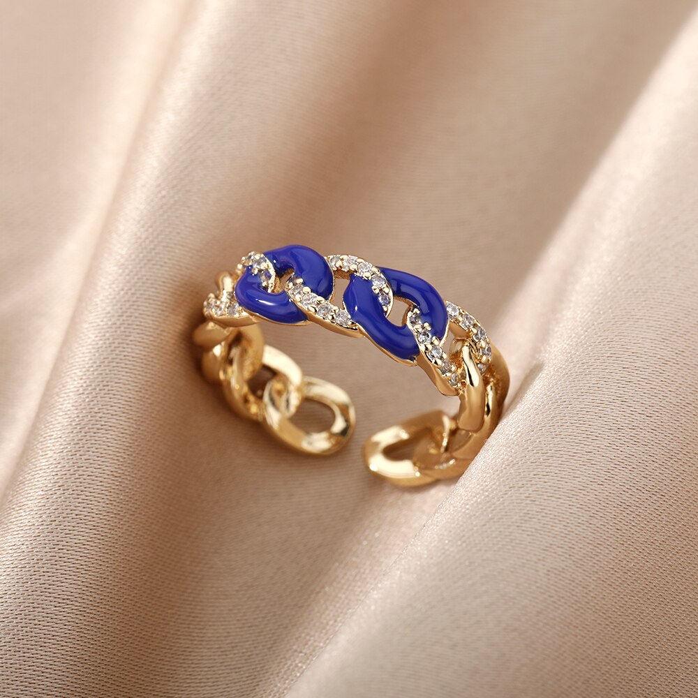 Colorful Enamel Chain Rings for Women Men Stainless Steel Open Adjustable Finger Ring Gothic Boho Man Jewelry anillos mujer