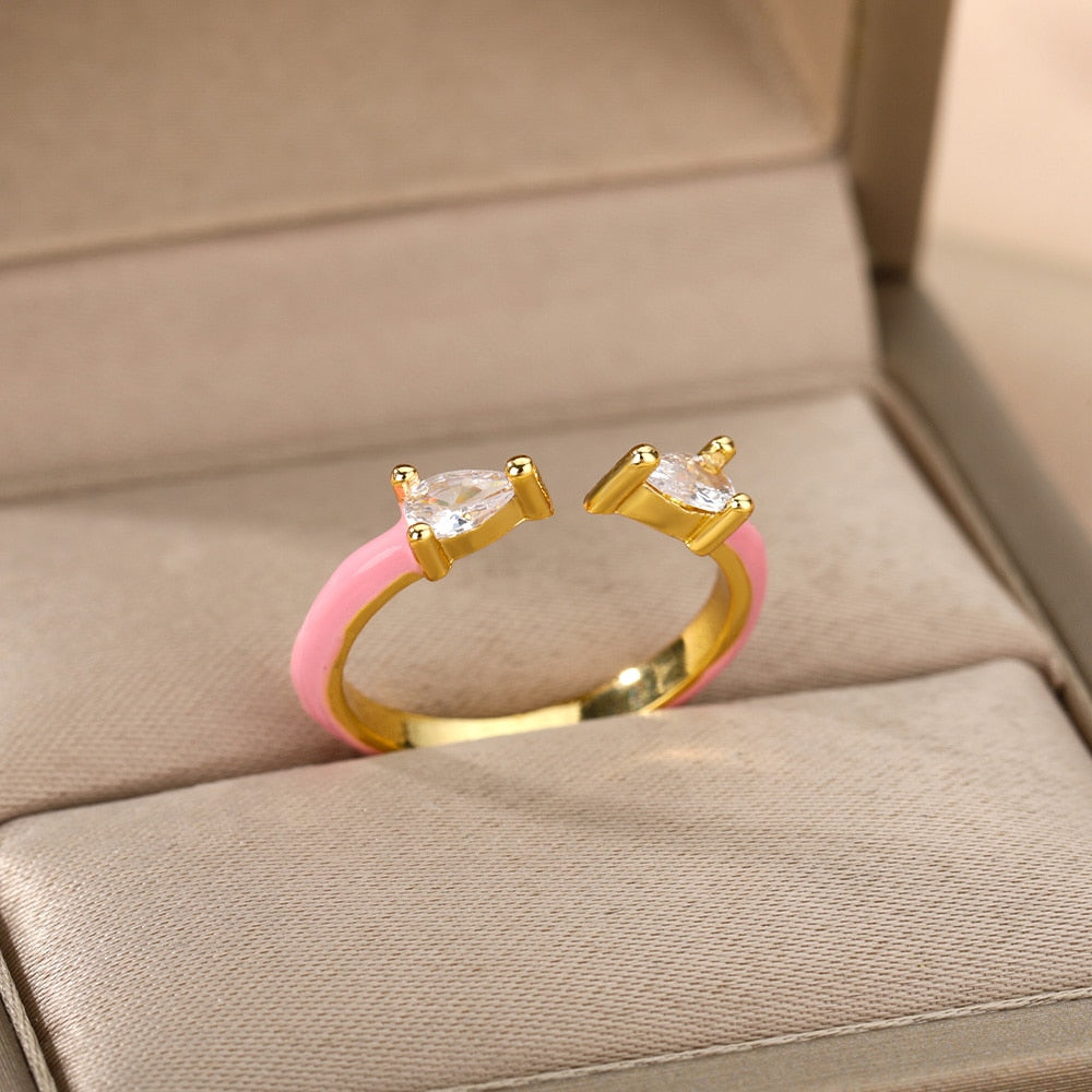 Colorful Enamel Rings For Women Open Adjustable Cubic Zirconia Finger Rings Wedding Engagement Couple Jewelry Gift anillos mujer