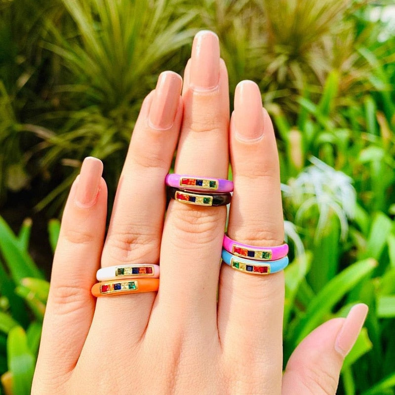 Colorful Enamel Rings For Women Open Adjustable Cubic Zirconia Ring Stainless Steel Crystal Vintage Boho Jewelry anillos mujer
