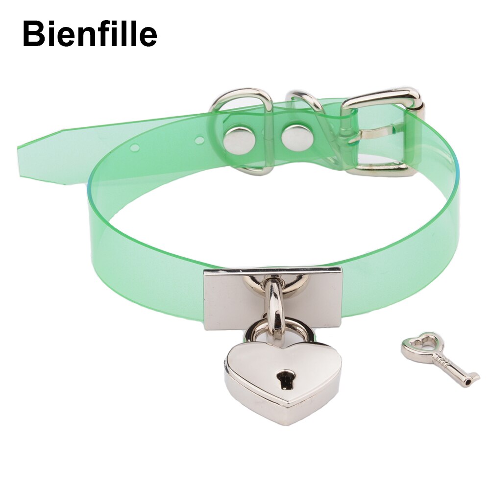 Colorful HandCrafted Bondage BDSM Clear Leather Choker Padlock Punk Fetish  Heart Collar PVC Vinyl Necklace Women Men