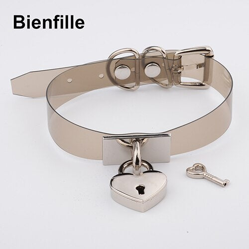 Colorful HandCrafted Bondage BDSM Clear Leather Choker Padlock Punk Fetish  Heart Collar PVC Vinyl Necklace Women Men