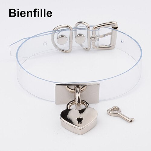 Colorful HandCrafted Bondage BDSM Clear Leather Choker Padlock Punk Fetish  Heart Collar PVC Vinyl Necklace Women Men