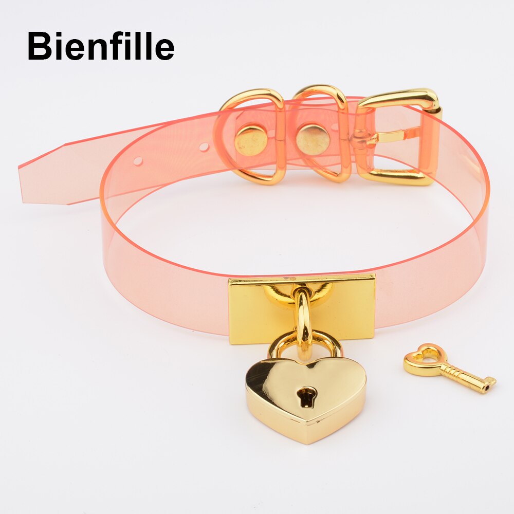 Colorful HandCrafted Bondage BDSM Clear Leather Choker Padlock Punk Fetish  Heart Collar PVC Vinyl Necklace Women Men