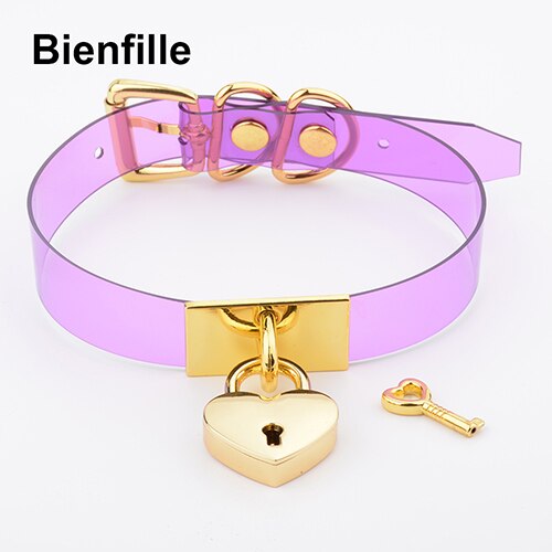 Colorful HandCrafted Bondage BDSM Clear Leather Choker Padlock Punk Fetish  Heart Collar PVC Vinyl Necklace Women Men