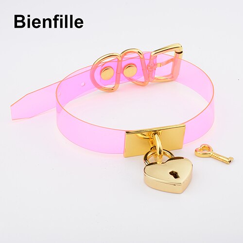 Colorful HandCrafted Bondage BDSM Clear Leather Choker Padlock Punk Fetish  Heart Collar PVC Vinyl Necklace Women Men