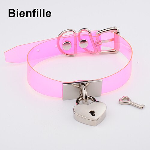 Colorful HandCrafted Bondage BDSM Clear Leather Choker Padlock Punk Fetish  Heart Collar PVC Vinyl Necklace Women Men