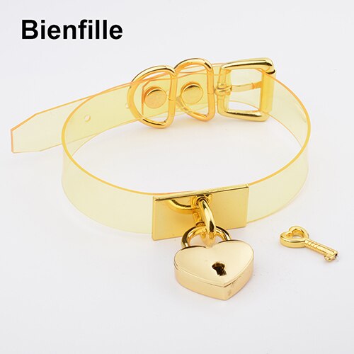 Colorful HandCrafted Bondage BDSM Clear Leather Choker Padlock Punk Fetish  Heart Collar PVC Vinyl Necklace Women Men