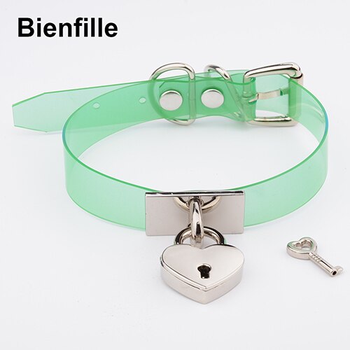 Colorful HandCrafted Bondage BDSM Clear Leather Choker Padlock Punk Fetish  Heart Collar PVC Vinyl Necklace Women Men