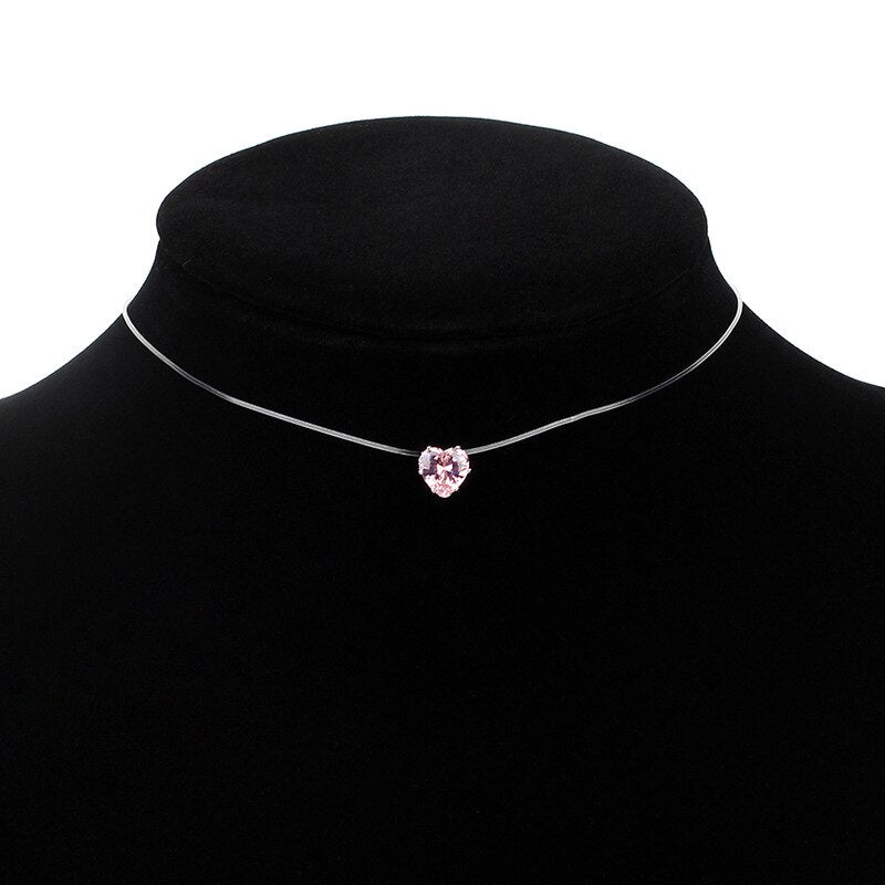 Colorful Heart Crystal CZ Pendant Necklace For Women Transparent Fishing Line Necklace Party Jewelry Gifts