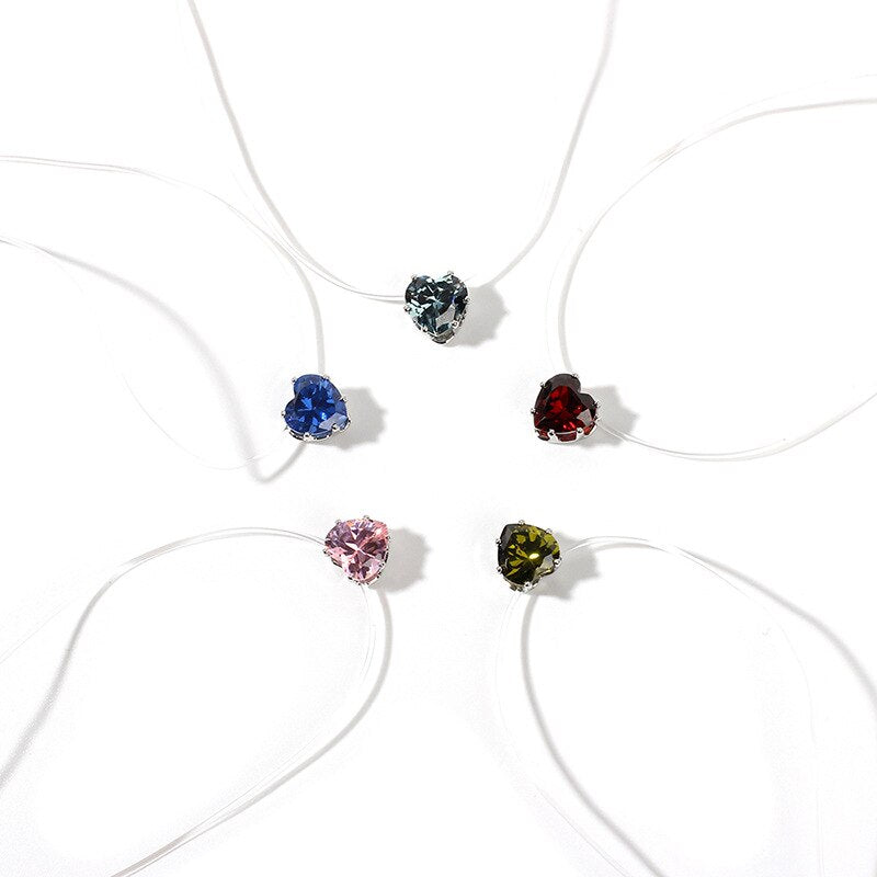 Colorful Heart Crystal CZ Pendant Necklace For Women Transparent Fishing Line Necklace Party Jewelry Gifts