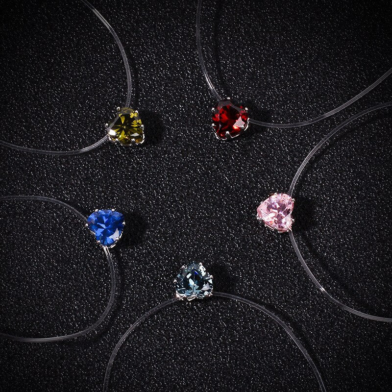 Colorful Heart Crystal CZ Pendant Necklace For Women Transparent Fishing Line Necklace Party Jewelry Gifts